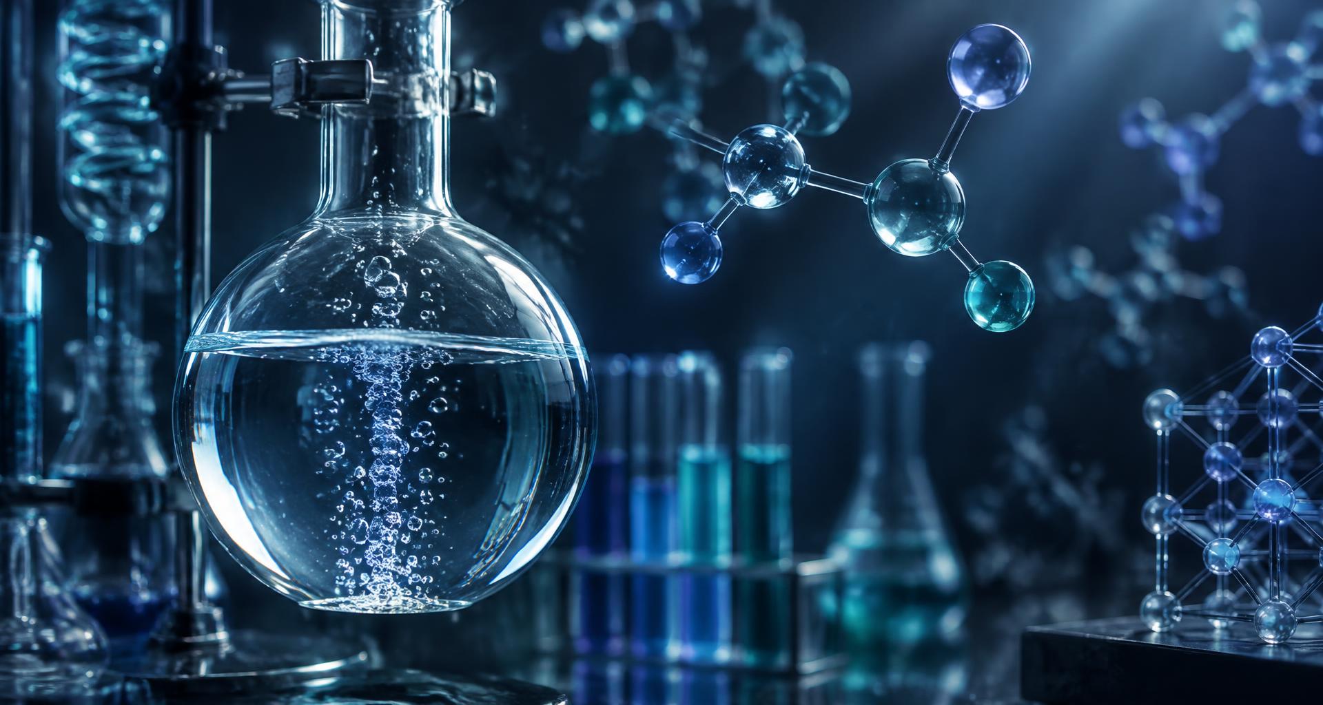 Laboratory glassware with rising bubbles beside translucent molecular structures